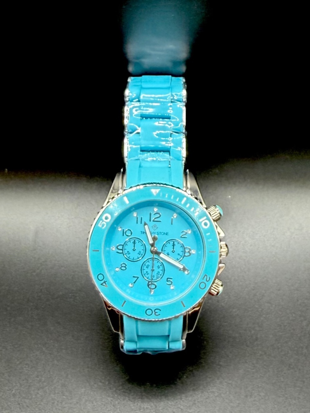 Timothy Stone Amber Silicone Watch NWOT Silver-Tone Blue Band 39mm A-015-BLSL